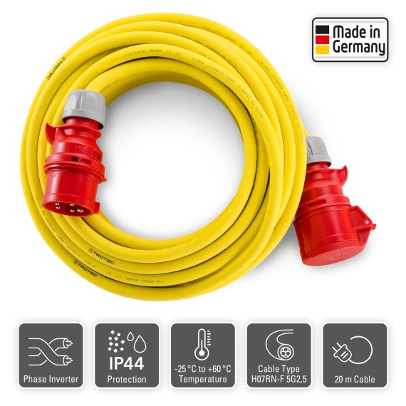 Przedłużacz profesjonalny 20 m / 400 V / 2,5 mm² - Wyprodukowano w Niemczech